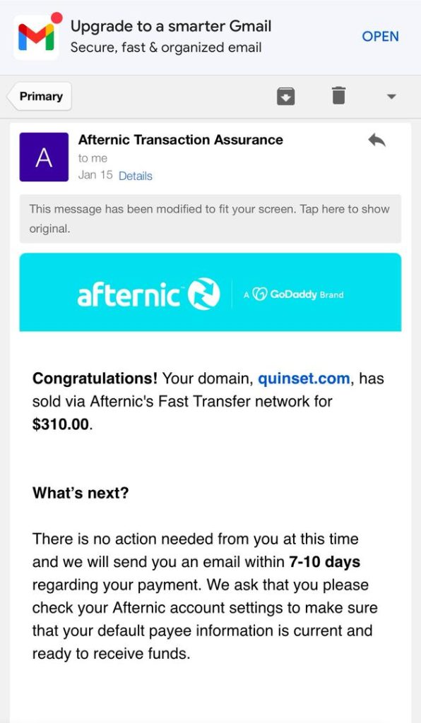 "Quinset.com sale confirmation Email from Afternic.com