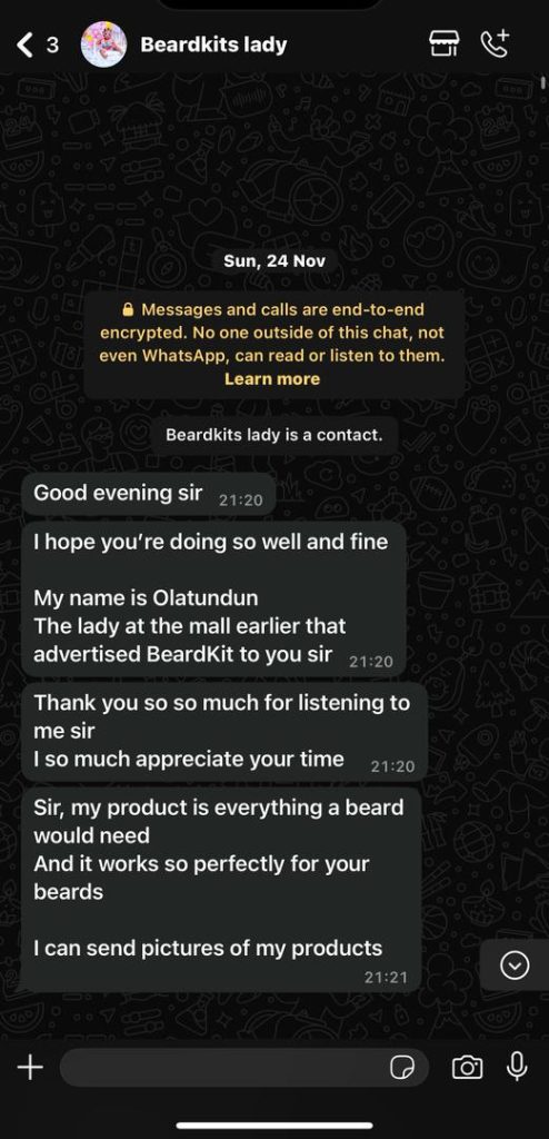 "Whatsapp message from beard oil seller for outbound marketing for domains"